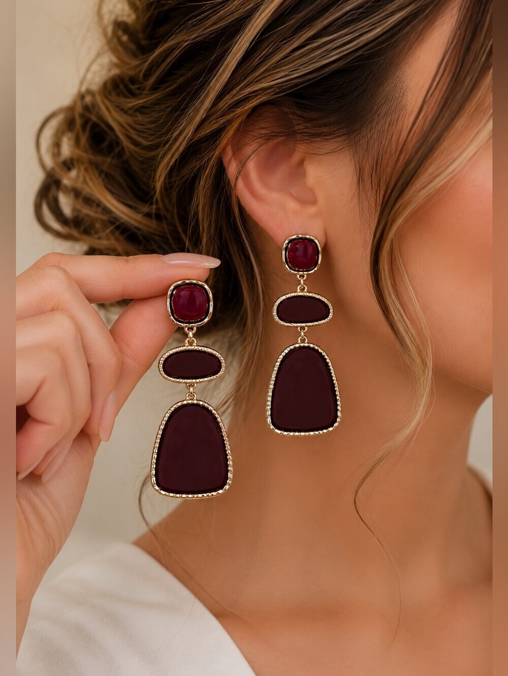 Gold and Burgundy Drop Earrings
